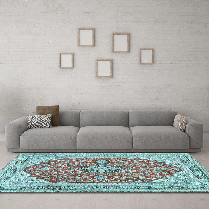 Machine Washable Medallion Light Blue Traditional Rug in a Living Room, wshtr354lblu
