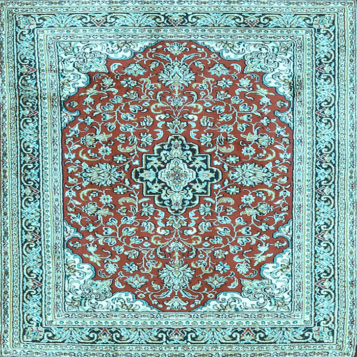 Square Machine Washable Medallion Light Blue Traditional Rug, wshtr354lblu