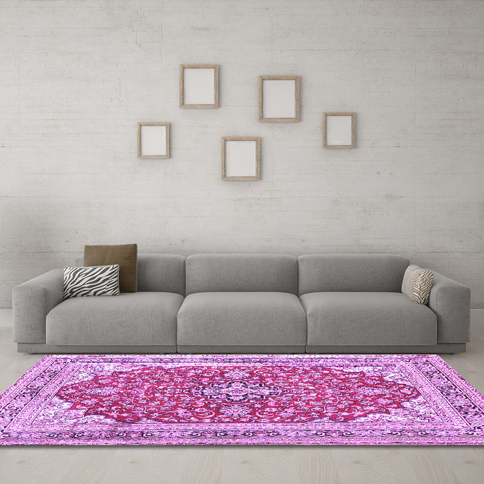 Machine Washable Medallion Purple Traditional Area Rugs in a Living Room, wshtr354pur