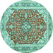 Round Machine Washable Medallion Turquoise Traditional Area Rugs, wshtr354turq