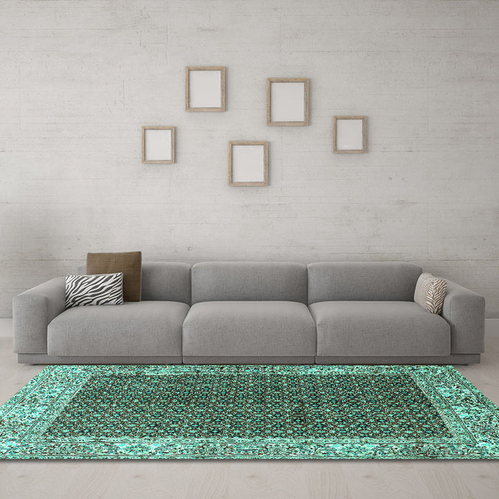 Machine Washable Persian Turquoise Traditional Area Rugs in a Living Room,, wshtr3550turq