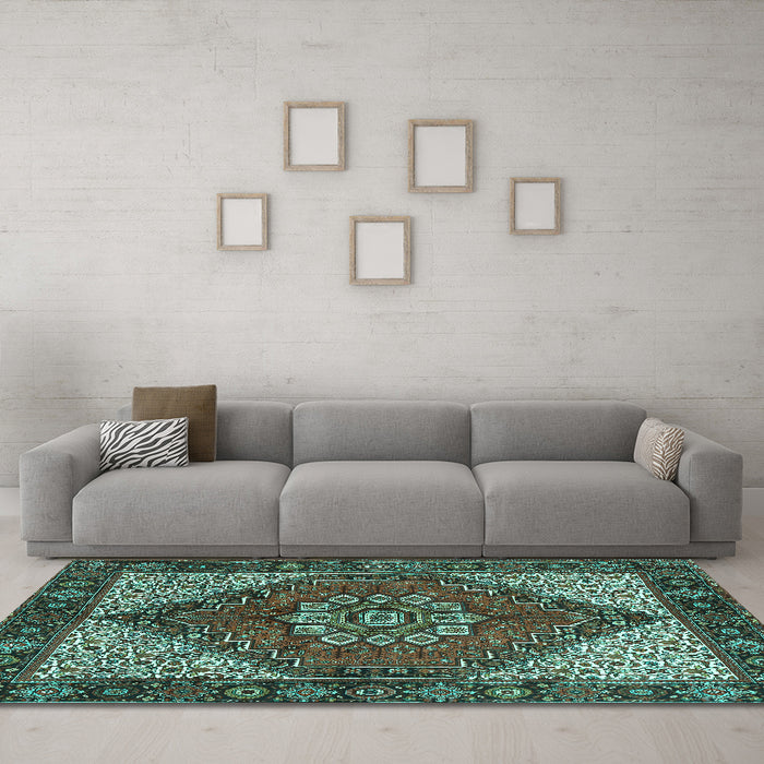 Machine Washable Persian Turquoise Traditional Area Rugs in a Living Room,, wshtr3551turq