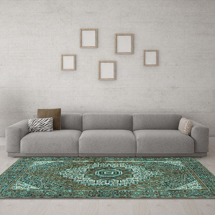 Machine Washable Persian Turquoise Traditional Area Rugs in a Living Room,, wshtr3552turq