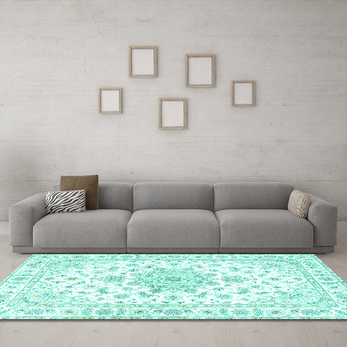 Machine Washable Persian Turquoise Traditional Area Rugs in a Living Room,, wshtr3555turq
