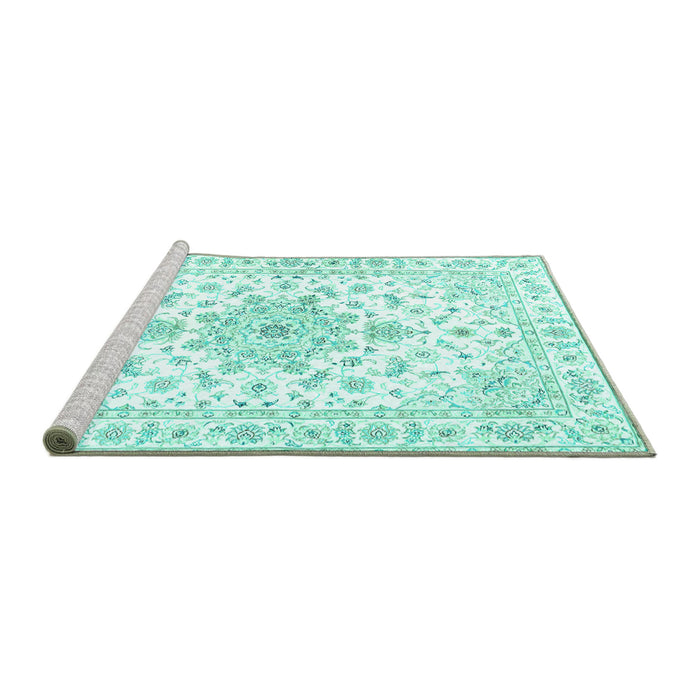 Sideview of Machine Washable Persian Turquoise Traditional Area Rugs, wshtr3555turq