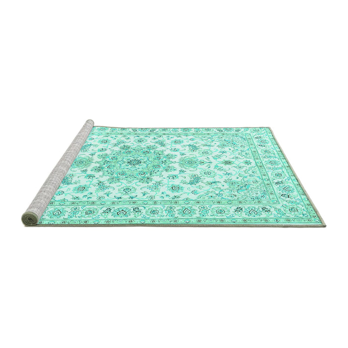 Sideview of Machine Washable Persian Turquoise Traditional Area Rugs, wshtr3557turq