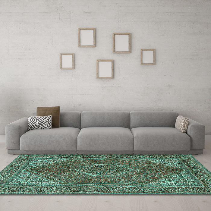 Machine Washable Persian Turquoise Traditional Area Rugs in a Living Room,, wshtr3558turq