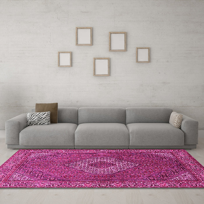 Machine Washable Medallion Pink Traditional Rug in a Living Room, wshtr3559pnk