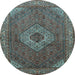 Round Machine Washable Medallion Light Blue Traditional Rug, wshtr3559lblu