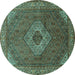 Round Machine Washable Medallion Turquoise Traditional Area Rugs, wshtr3559turq
