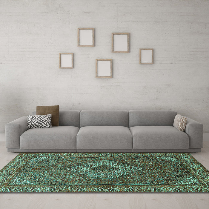 Machine Washable Medallion Turquoise Traditional Area Rugs in a Living Room,, wshtr3559turq