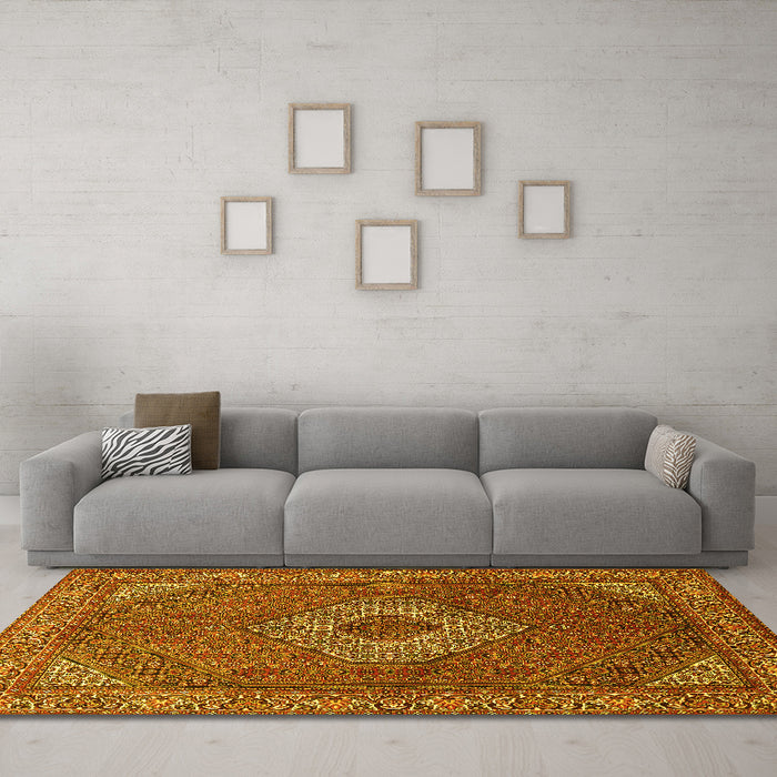 Machine Washable Medallion Yellow Traditional Rug in a Living Room, wshtr3559yw