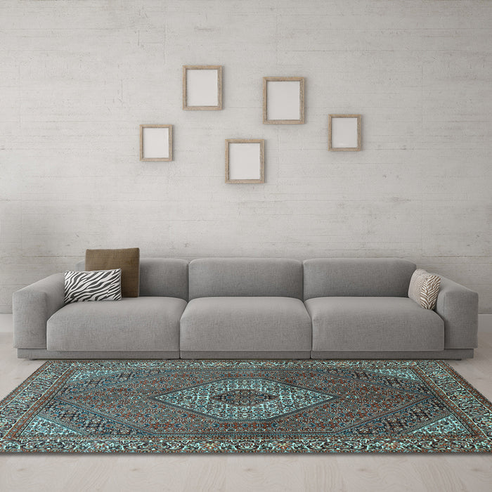 Machine Washable Medallion Light Blue Traditional Rug in a Living Room, wshtr3559lblu