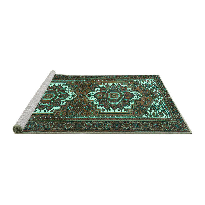Sideview of Machine Washable Persian Turquoise Traditional Area Rugs, wshtr3562turq
