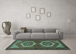 Machine Washable Persian Turquoise Traditional Area Rugs in a Living Room,, wshtr3562turq