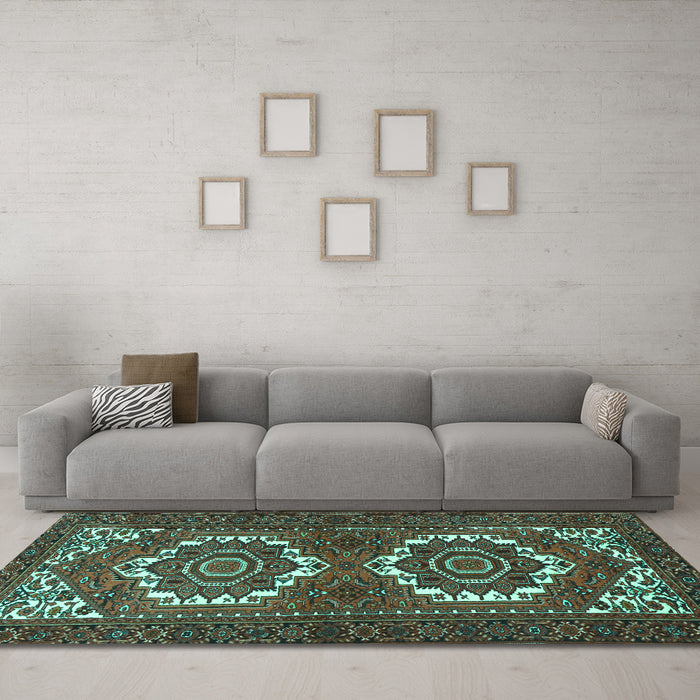 Machine Washable Persian Turquoise Traditional Area Rugs in a Living Room,, wshtr3562turq