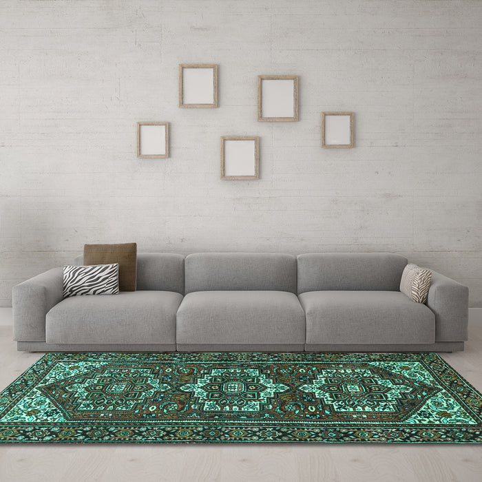 Machine Washable Persian Turquoise Traditional Area Rugs in a Living Room,, wshtr3563turq