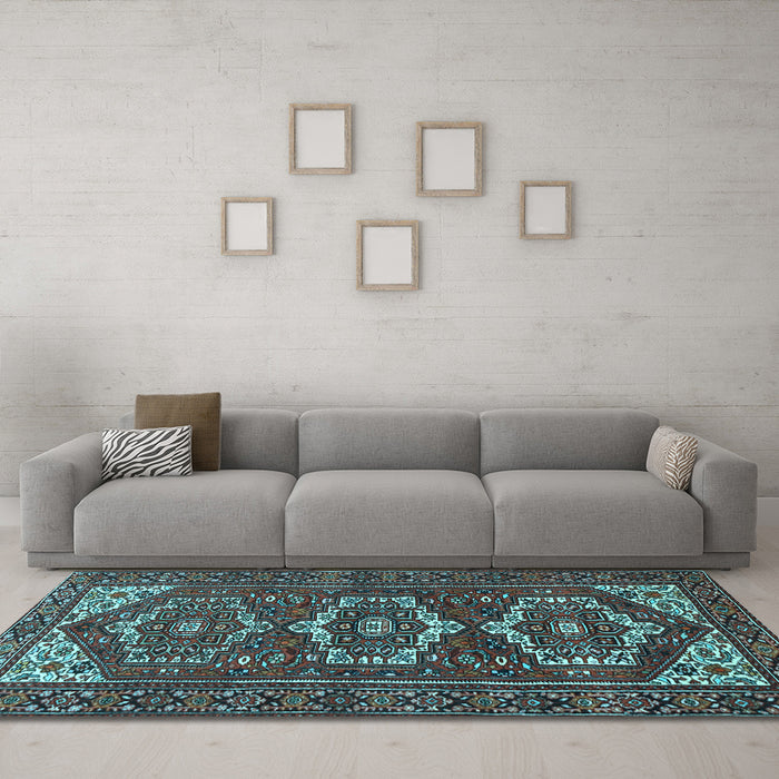 Machine Washable Persian Light Blue Traditional Rug in a Living Room, wshtr3563lblu