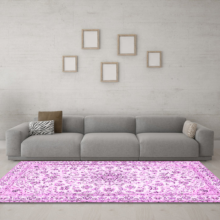 Machine Washable Medallion Pink Traditional Rug in a Living Room, wshtr356pnk