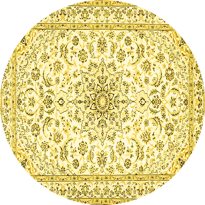 Round Machine Washable Medallion Yellow Traditional Rug, wshtr356yw