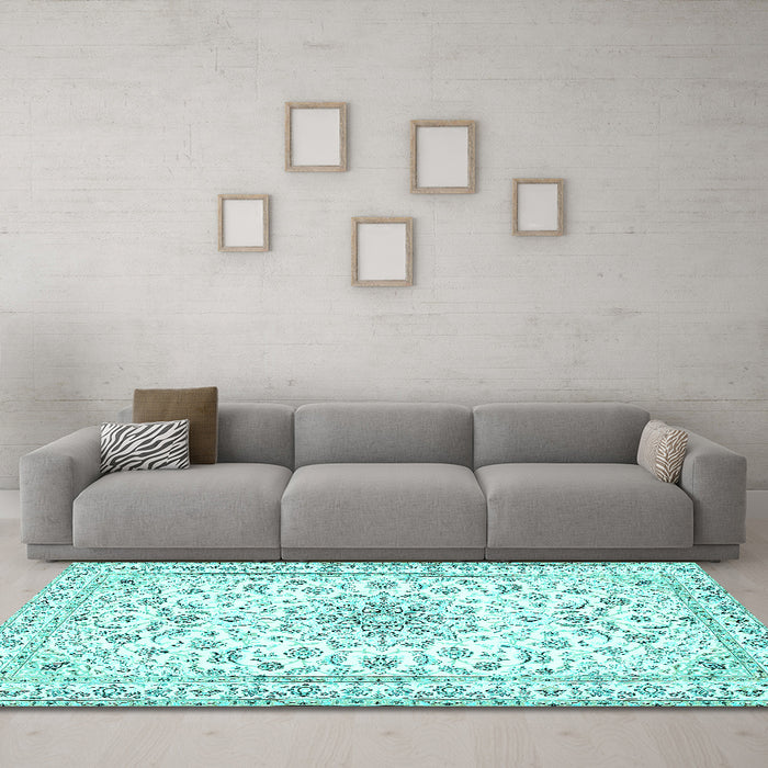 Machine Washable Medallion Turquoise Traditional Area Rugs in a Living Room,, wshtr356turq