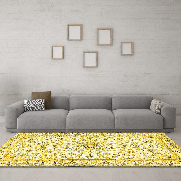 Machine Washable Medallion Yellow Traditional Rug in a Living Room, wshtr356yw