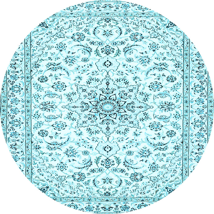 Round Machine Washable Medallion Light Blue Traditional Rug, wshtr356lblu