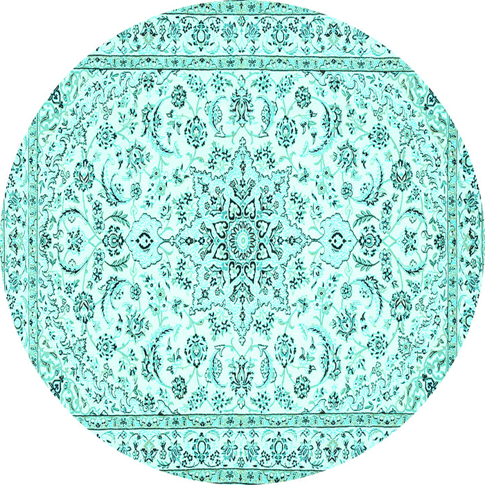 Round Machine Washable Medallion Turquoise Traditional Area Rugs, wshtr356turq