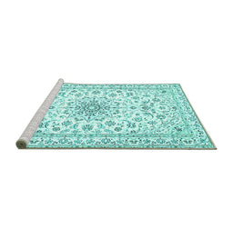 Sideview of Machine Washable Medallion Turquoise Traditional Area Rugs, wshtr356turq