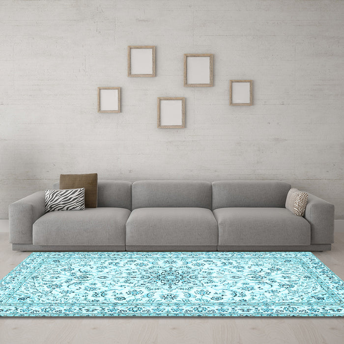 Machine Washable Medallion Light Blue Traditional Rug in a Living Room, wshtr356lblu