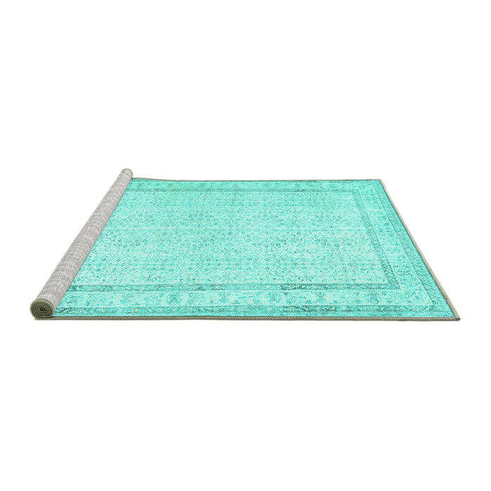 Sideview of Machine Washable Persian Turquoise Traditional Area Rugs, wshtr3579turq