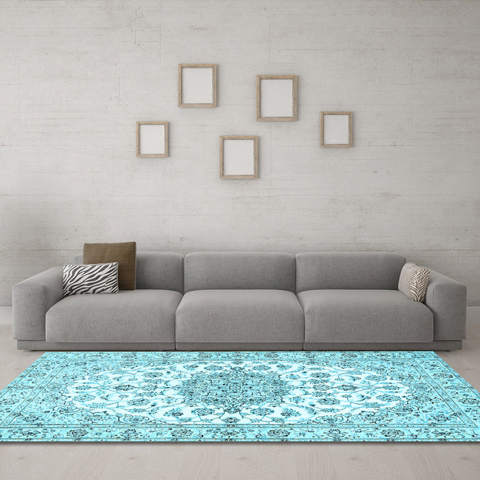 Machine Washable Medallion Light Blue Traditional Rug in a Living Room, wshtr357lblu