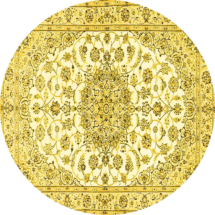 Round Machine Washable Medallion Yellow Traditional Rug, wshtr357yw