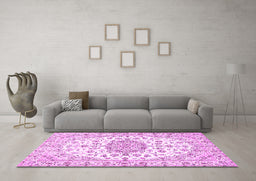Machine Washable Medallion Pink Traditional Rug in a Living Room, wshtr357pnk