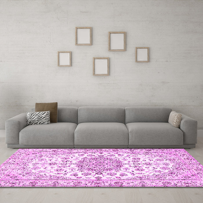 Machine Washable Medallion Pink Traditional Rug in a Living Room, wshtr357pnk