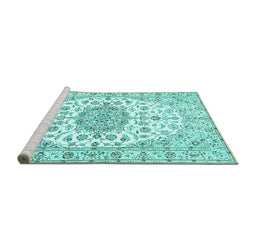 Sideview of Machine Washable Medallion Turquoise Traditional Area Rugs, wshtr357turq