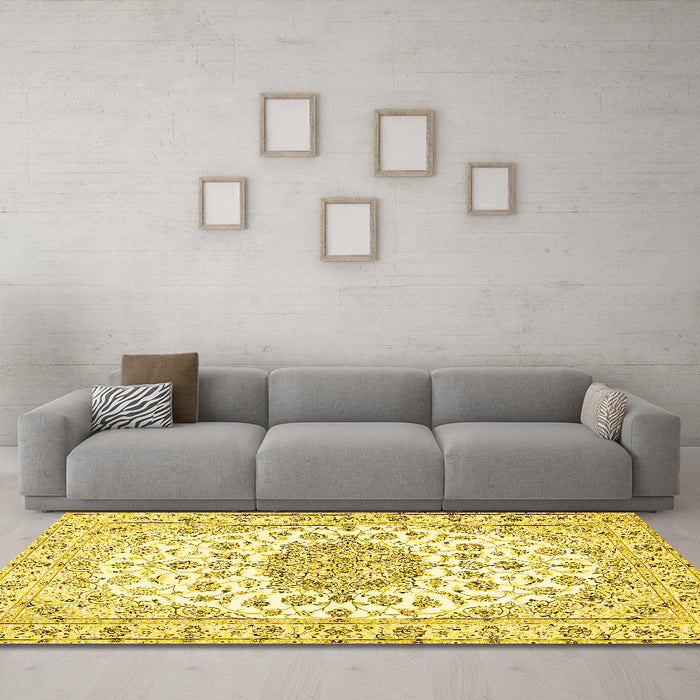 Machine Washable Medallion Yellow Traditional Rug in a Living Room, wshtr357yw