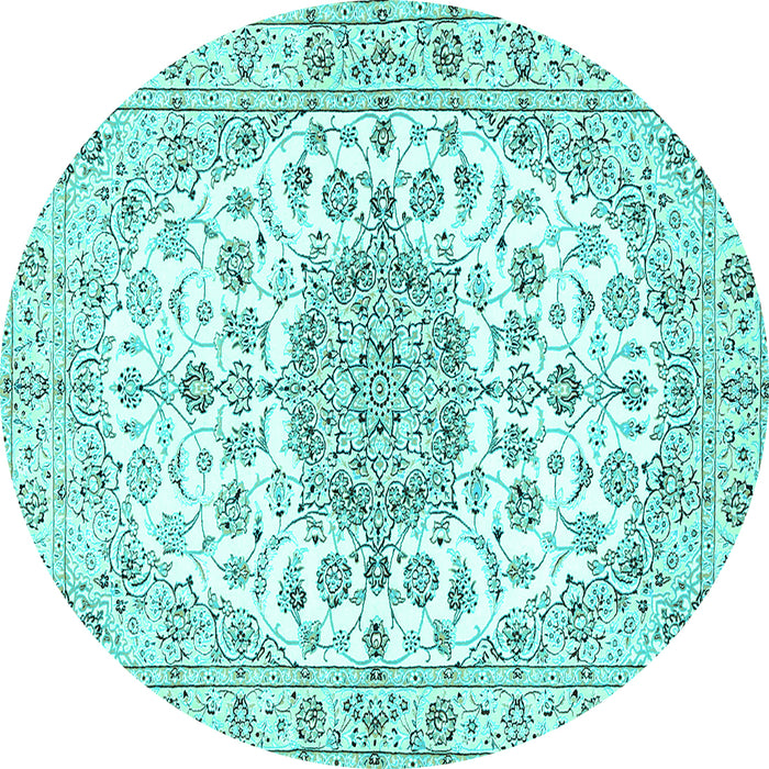 Round Machine Washable Medallion Turquoise Traditional Area Rugs, wshtr357turq