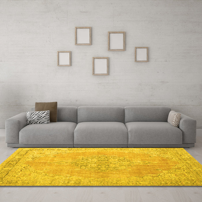 Machine Washable Medallion Yellow Traditional Rug in a Living Room, wshtr3586yw