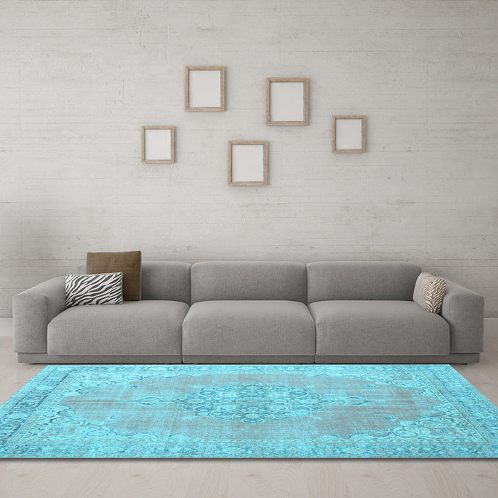 Machine Washable Medallion Light Blue Traditional Rug in a Living Room, wshtr3586lblu