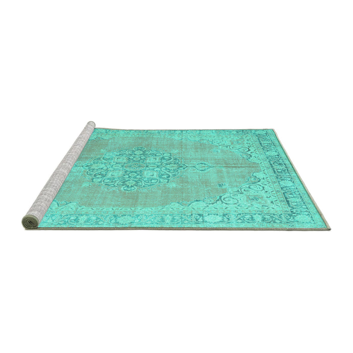 Sideview of Machine Washable Medallion Turquoise Traditional Area Rugs, wshtr3586turq