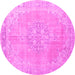 Round Machine Washable Medallion Pink Traditional Rug, wshtr3586pnk