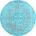 Round Machine Washable Medallion Light Blue Traditional Rug, wshtr3586lblu