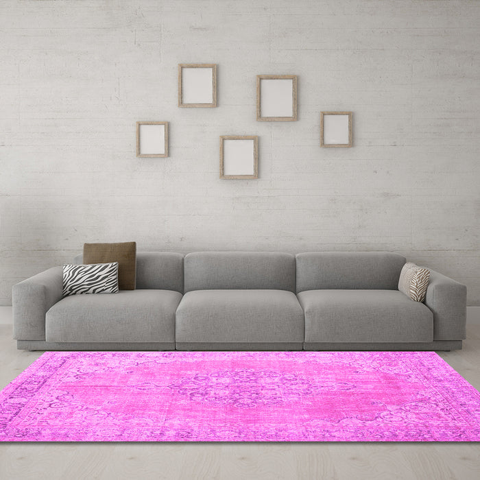 Machine Washable Medallion Pink Traditional Rug in a Living Room, wshtr3586pnk