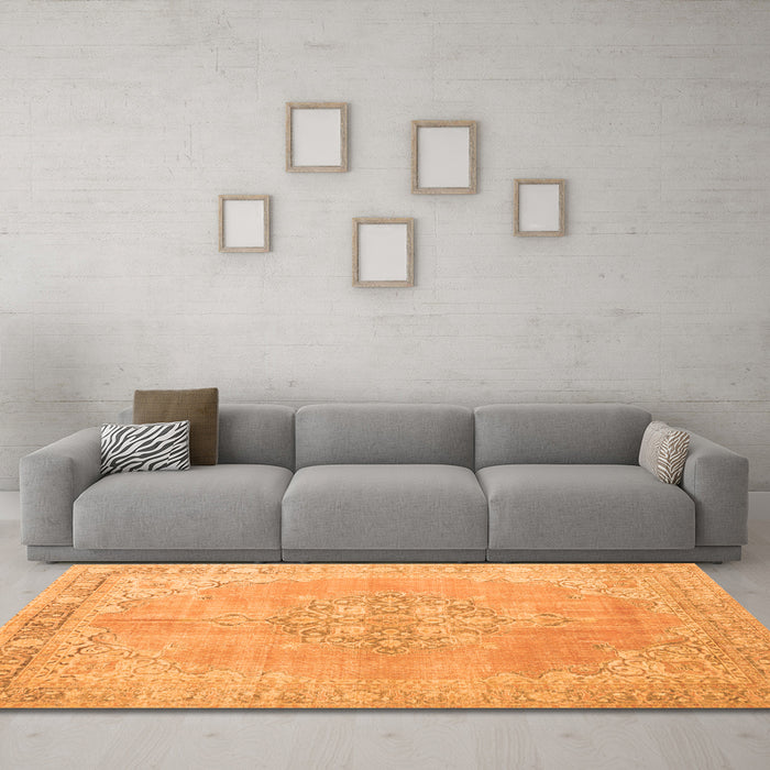 Machine Washable Medallion Orange Traditional Area Rugs in a Living Room, wshtr3586org