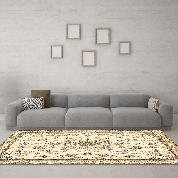 Machine Washable Medallion Brown Traditional Rug in a Living Room,, wshtr358brn