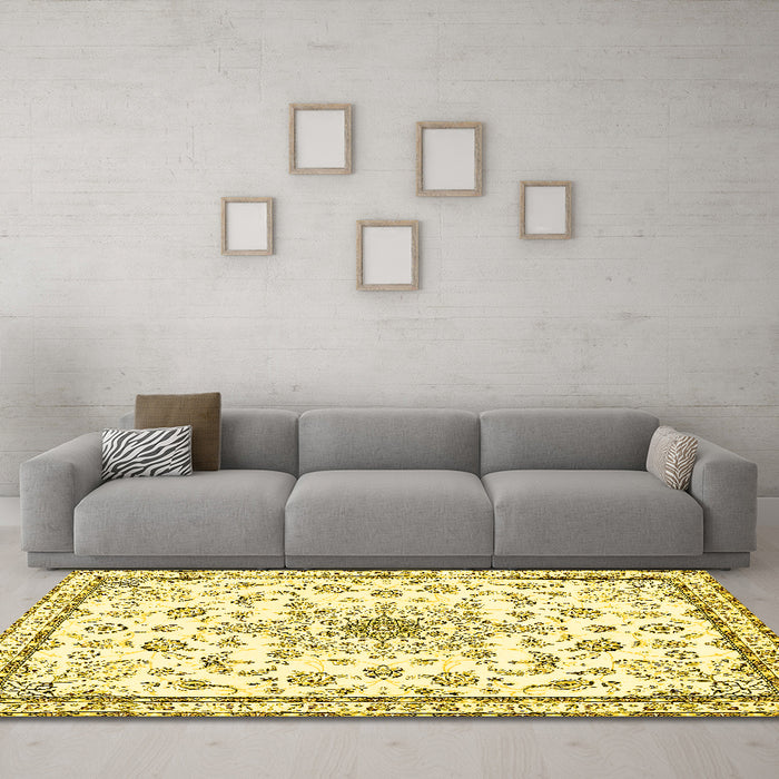 Machine Washable Medallion Yellow Traditional Rug in a Living Room, wshtr358yw