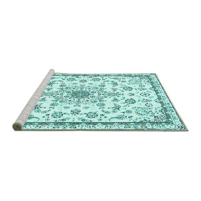Sideview of Machine Washable Medallion Turquoise Traditional Area Rugs, wshtr358turq