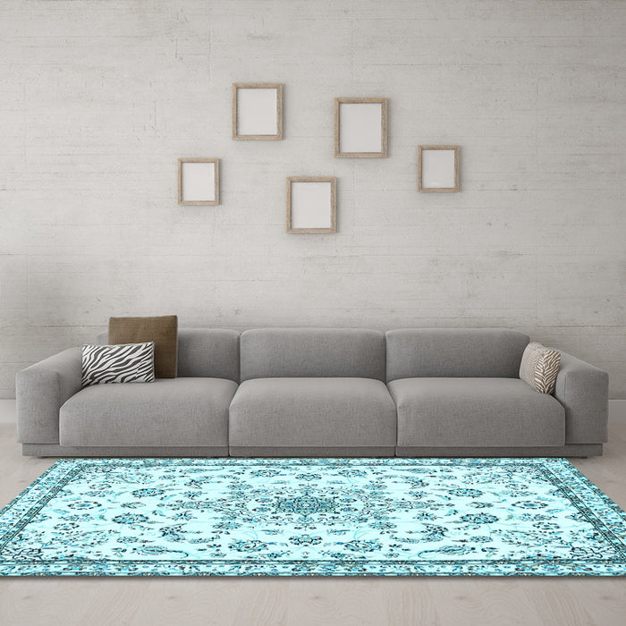 Machine Washable Medallion Light Blue Traditional Rug in a Living Room, wshtr358lblu