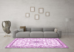 Machine Washable Medallion Pink Traditional Rug in a Living Room, wshtr358pnk